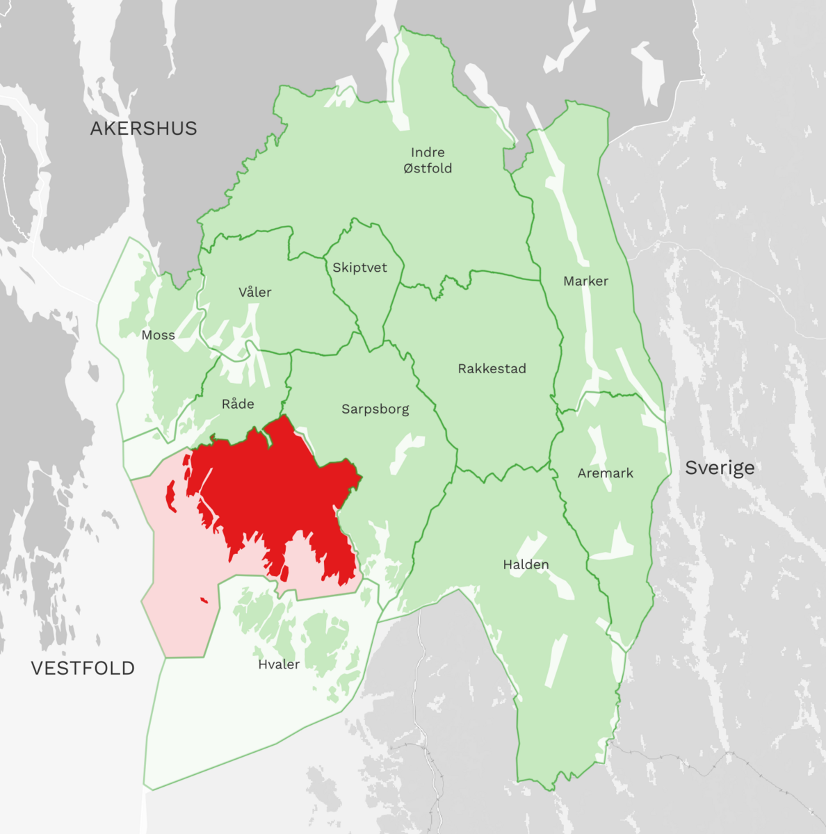 Kart: Fredrikstad kommune i Østfold fylke