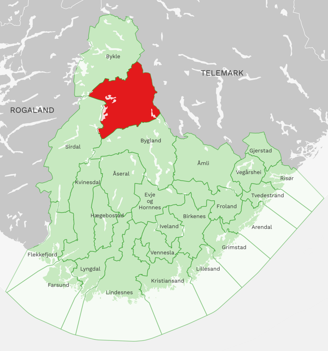 Kart: Valle kommune i Agder