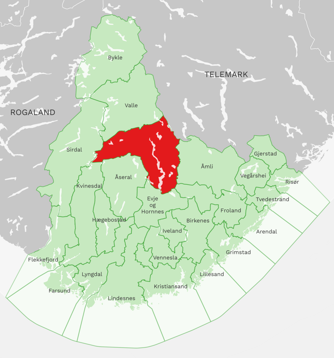 Kart: Bygland kommune i Agder