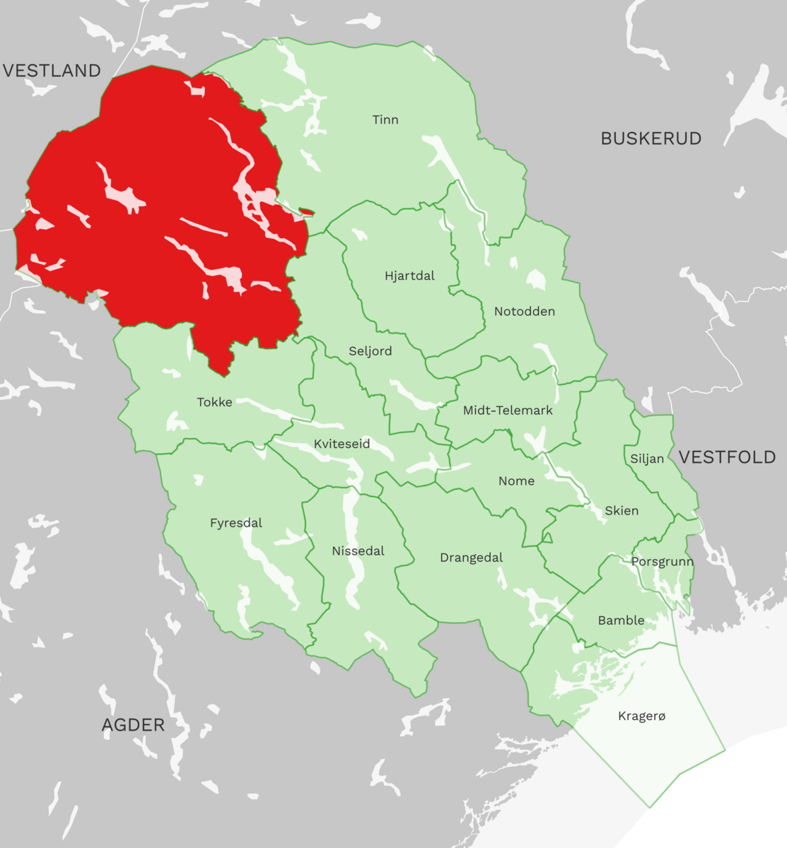 Kart: Vinje kommune i Telemark