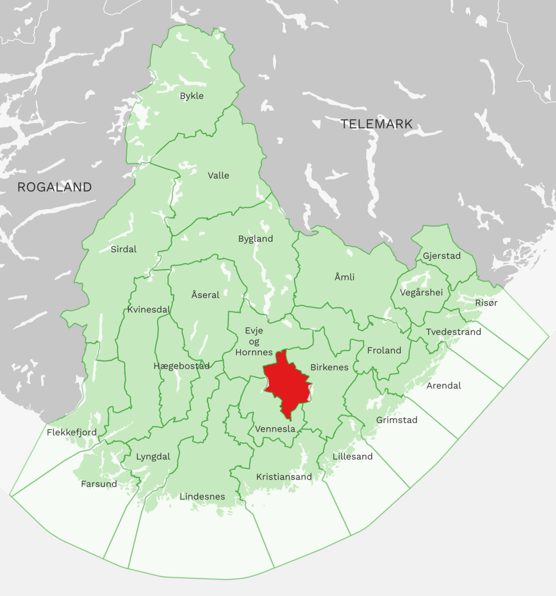 Kart: Iveland kommune i Agder