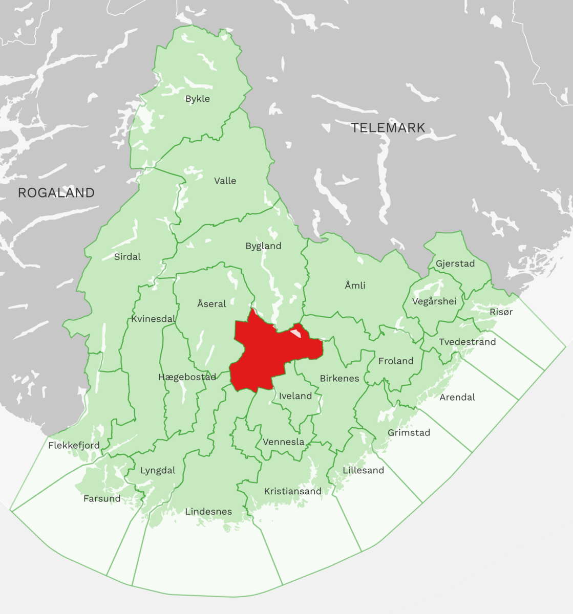 Kart: Evje og Hornnes kommune i Agder