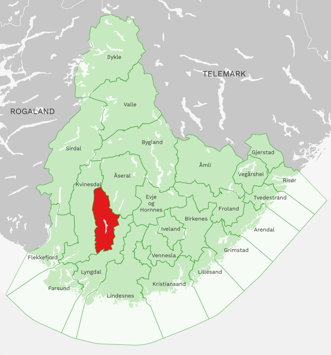 Kart: Hægebostad kommune i Agder