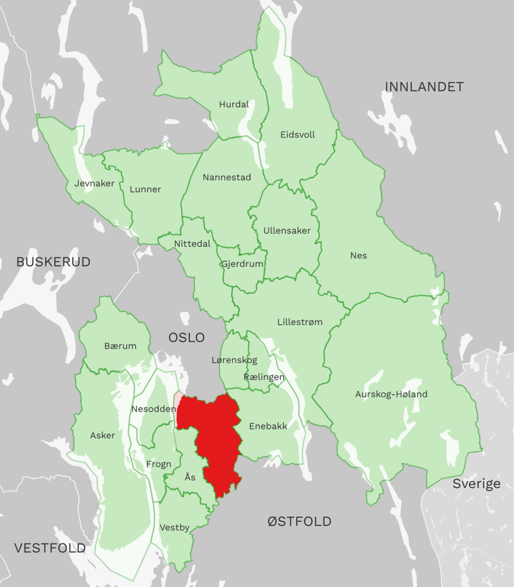 Kart: Nordre Follo kommune i Akershus