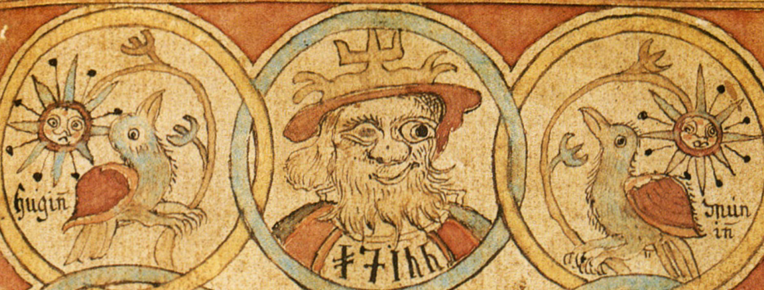 Odin og ravnene hans, Hugin og Munin fra Edda.