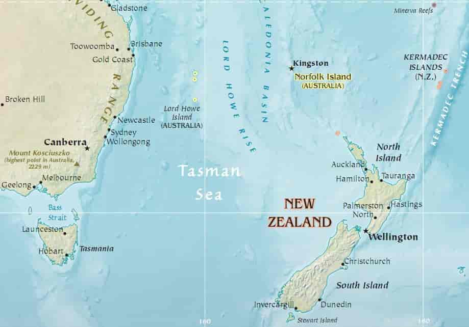 Tasmanhavet og landene omkring.
