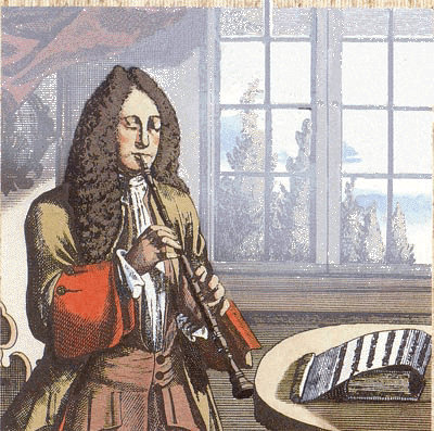 Tegning av en mann med historisk parykk som spiller obo.
