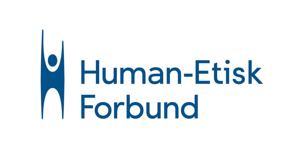 Logoen til Human-Etisk Forbund. Den ser ut som en enkel menneskefigur som står med armene i været. Ved siden av figuren står det Human-Etisk Forbund.