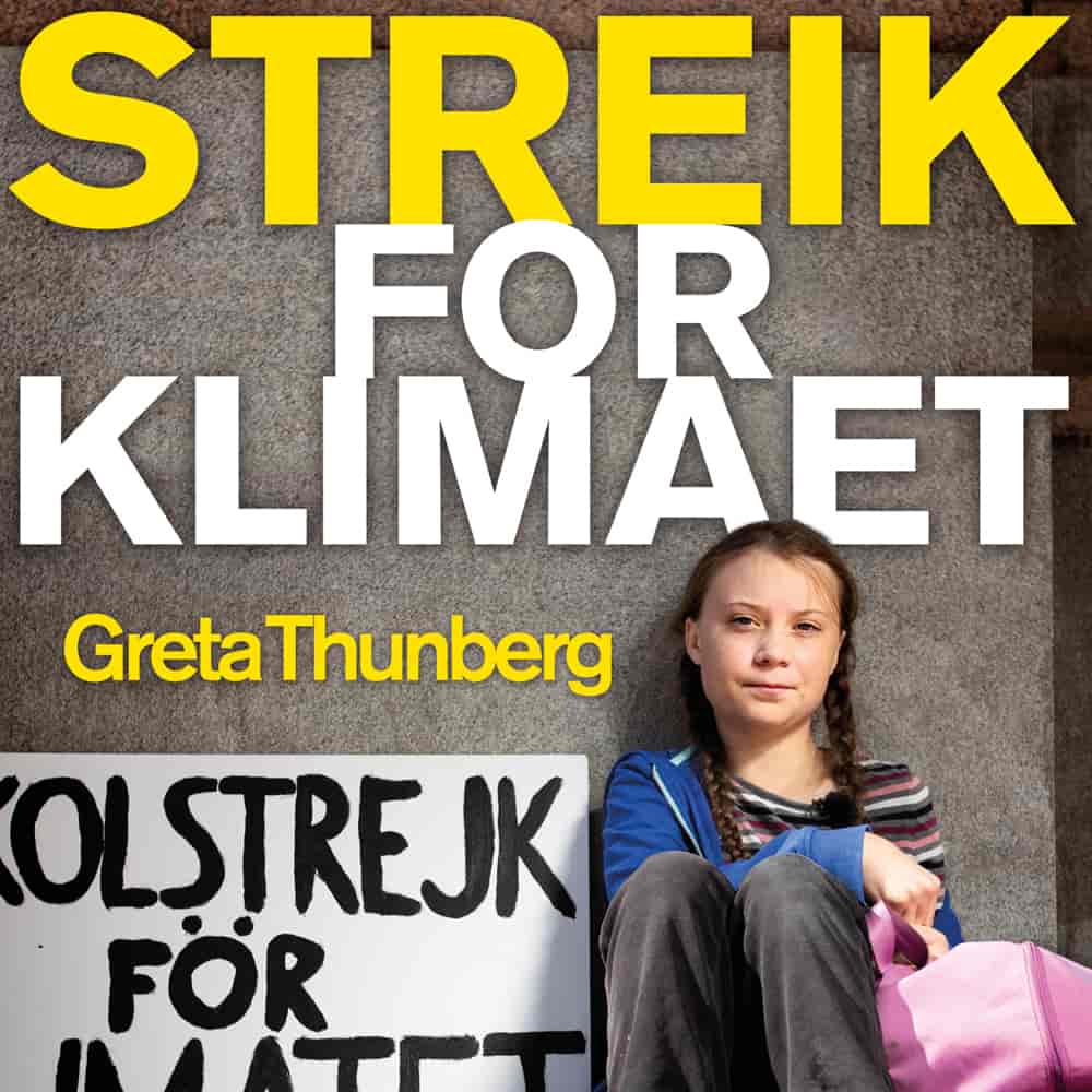 Bokomslaget viser en ung jente som sitter foran en vegg. På siden er det en håndlaget plakat hvor det står på svensk skolstrejk för klimatet.