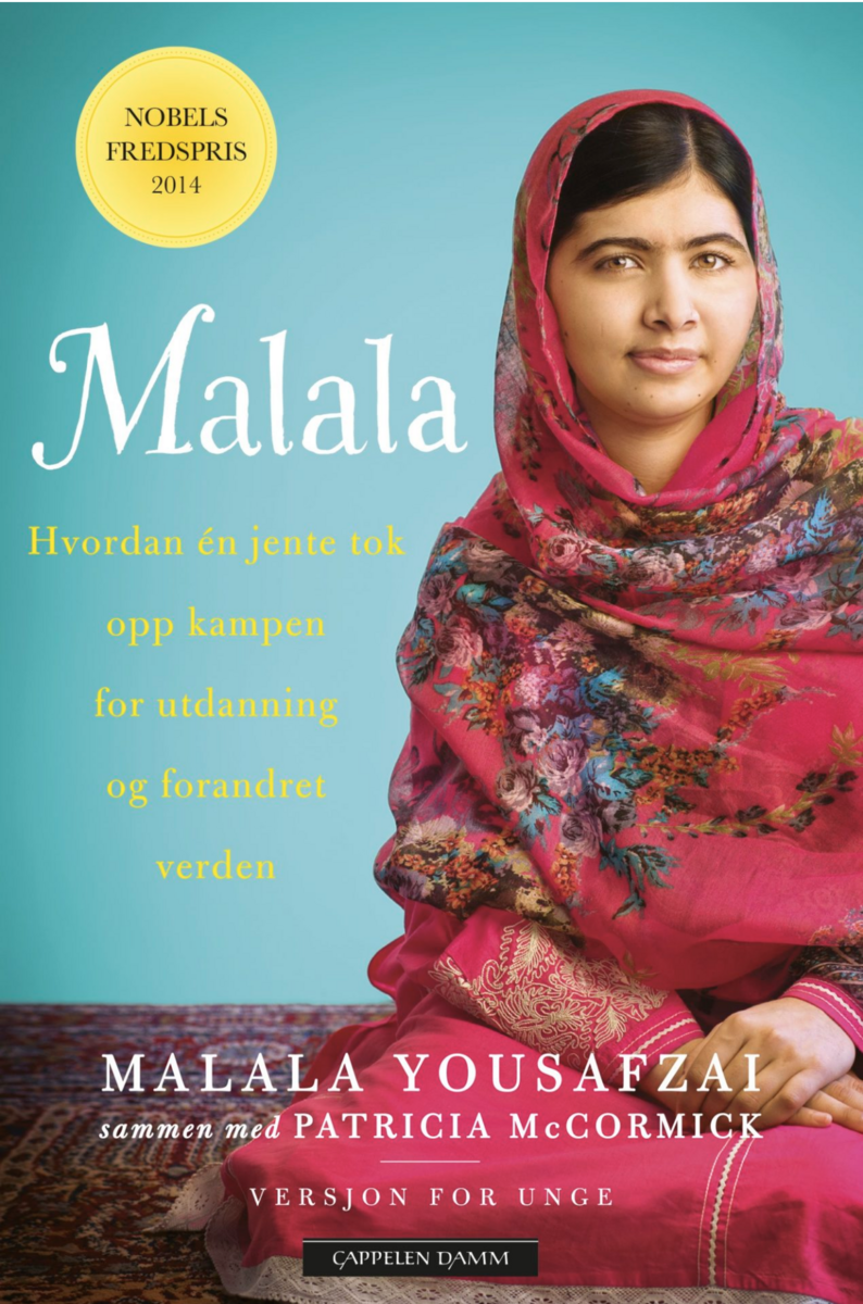 Bokomslag som viser en ung kvinne i tradisjonell, pakistansk drakt med sjal. Boken heter Malala, hvordan én jente tok opp kampen for utdanning og forandret verden.