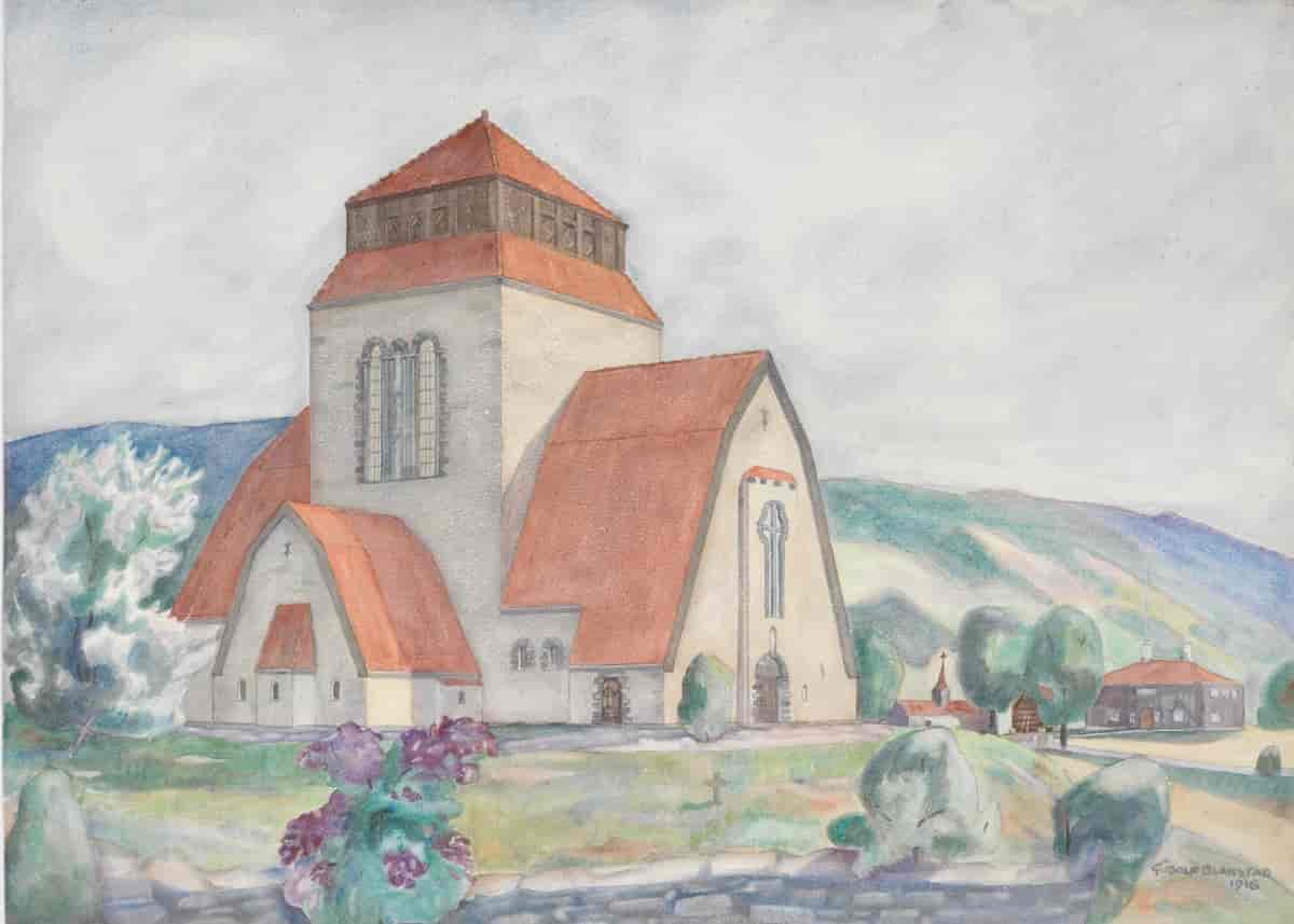 Akvarell over kirke