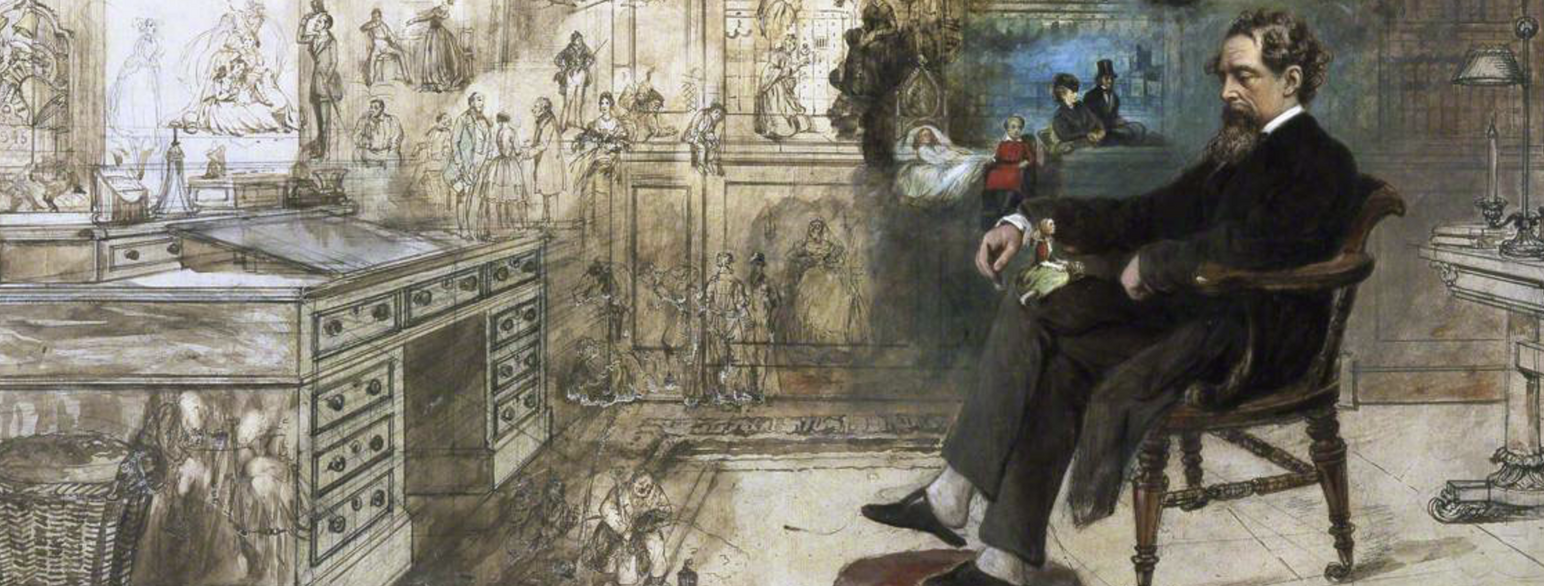 Charles Dickens på kontoret omgitt av figurer fra romanene han skrev.