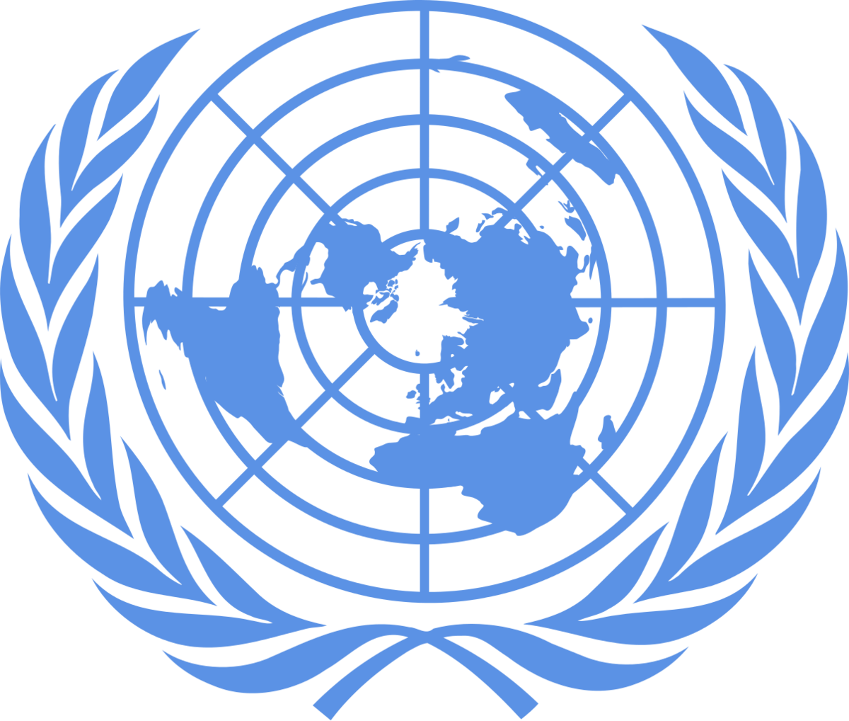 FNs logo er en jordklode med alle kontinentene, og en krans med blader rundt.