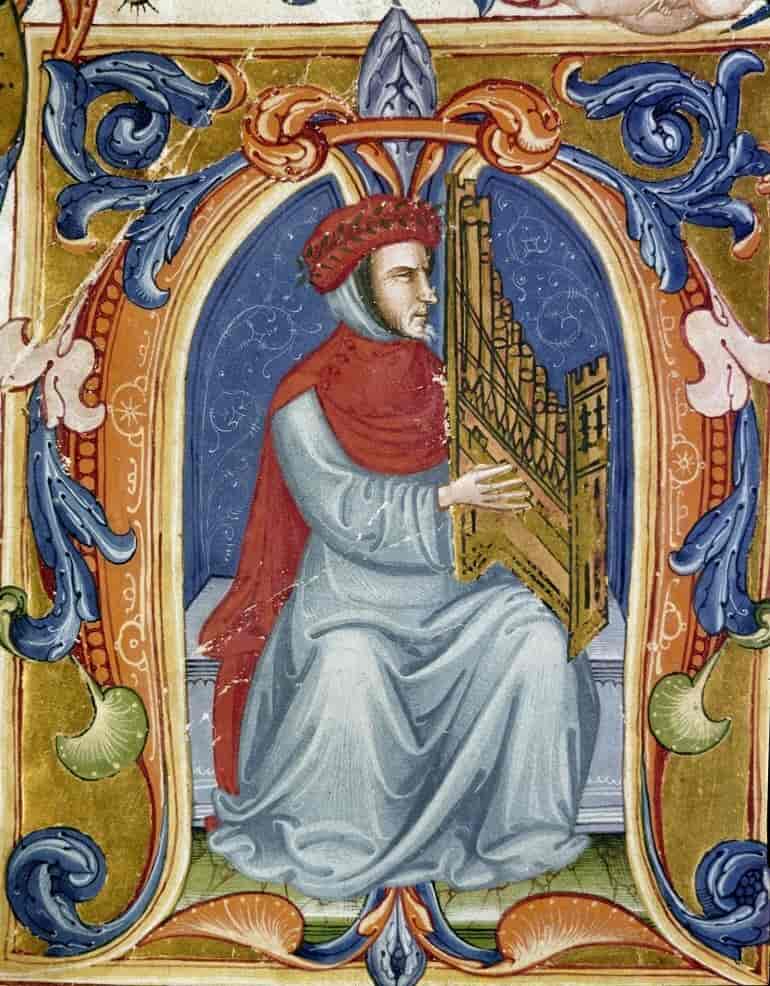 Maleri av mann med bærbart orgel.