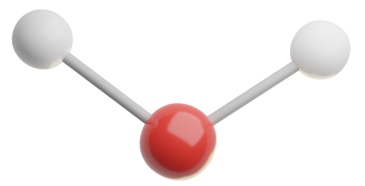 Modellen viser en stor rund, rød kule med en stang ut på hver side. I enden av hver stang er det en mindre, hvit kule. Den store kulen er oksygenatom, de hvite kulene er hydrogenatom.