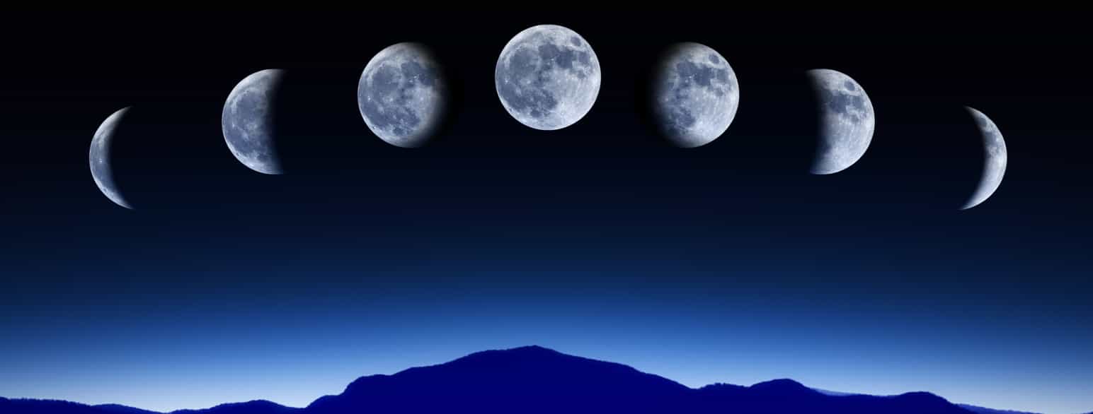 Syv bilder av månen i forskjellige faser. til venstre ser man litt av Månens venstre side. Så ser man litt mer av den til man ser hele månen. Deretter ser man litt mindre av den, til man på siste bilde til høyre ser månen som en sigd.