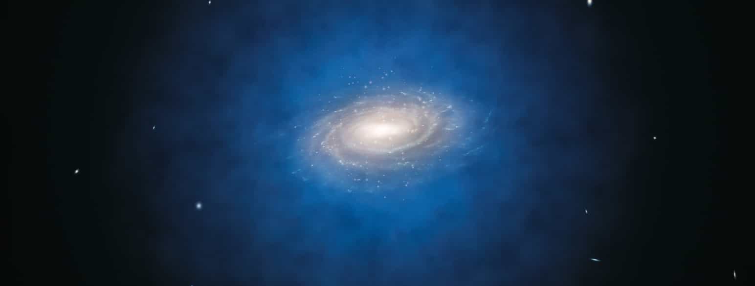 En kunstners illustrasjon av sky av mørk materie rundt en galakse.