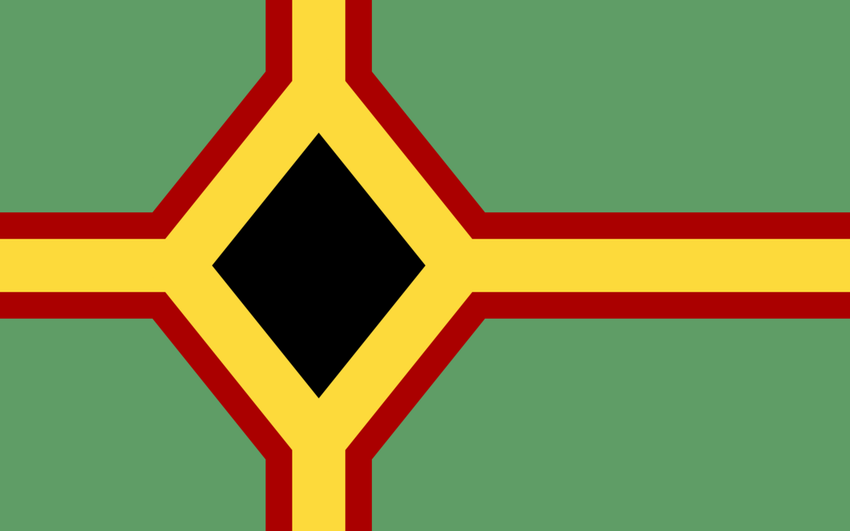 Illustrasjon av et grønt flagg med en korsform i gult og mørk rødt. I krysset av korset er en svart rombe.