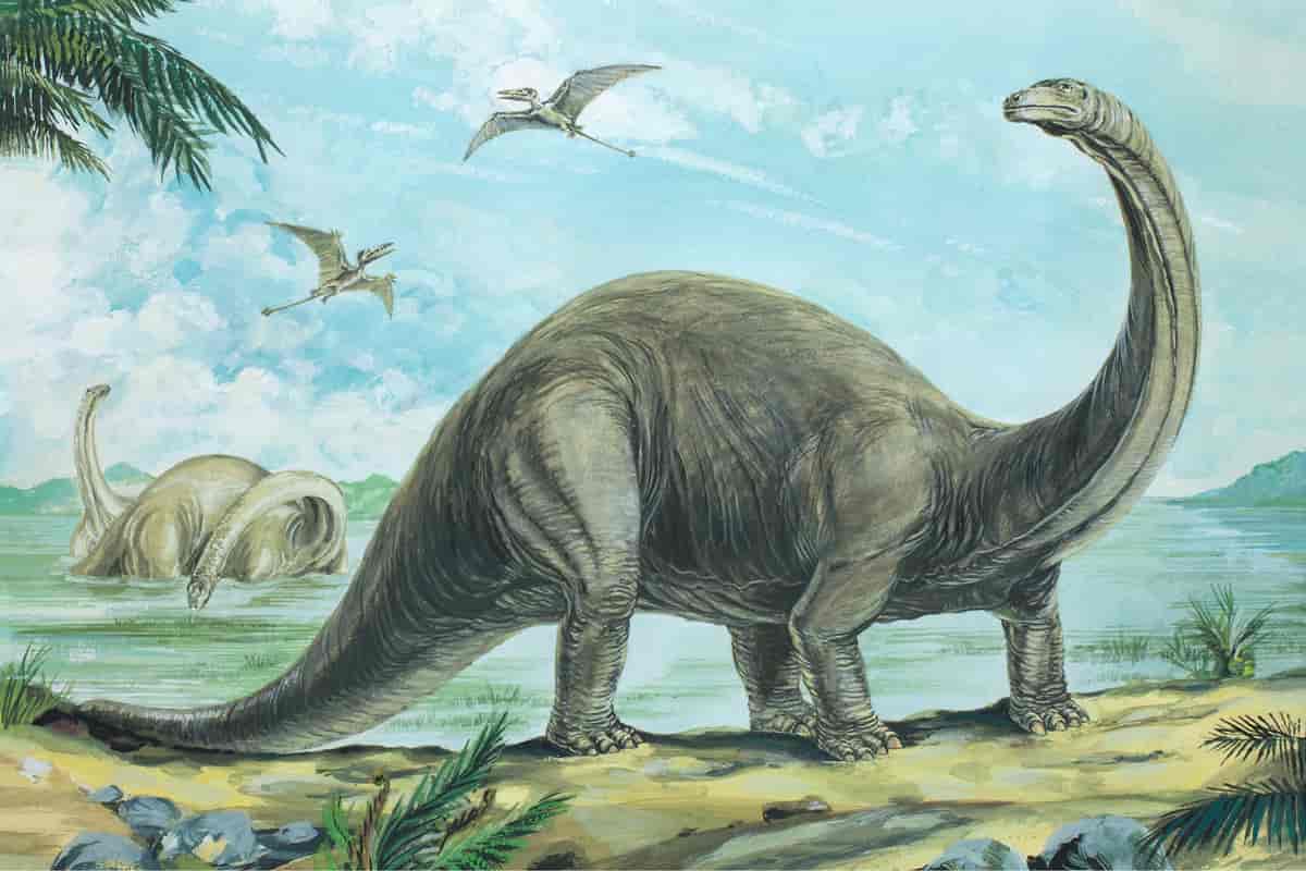 En stor dinosaur med lang hals og hale, og lite hode står foran en sjø. I sjøen leker to andre lignende dinosaurer. I lufta flyr to mindre dinosaurer med vinger. Tegning