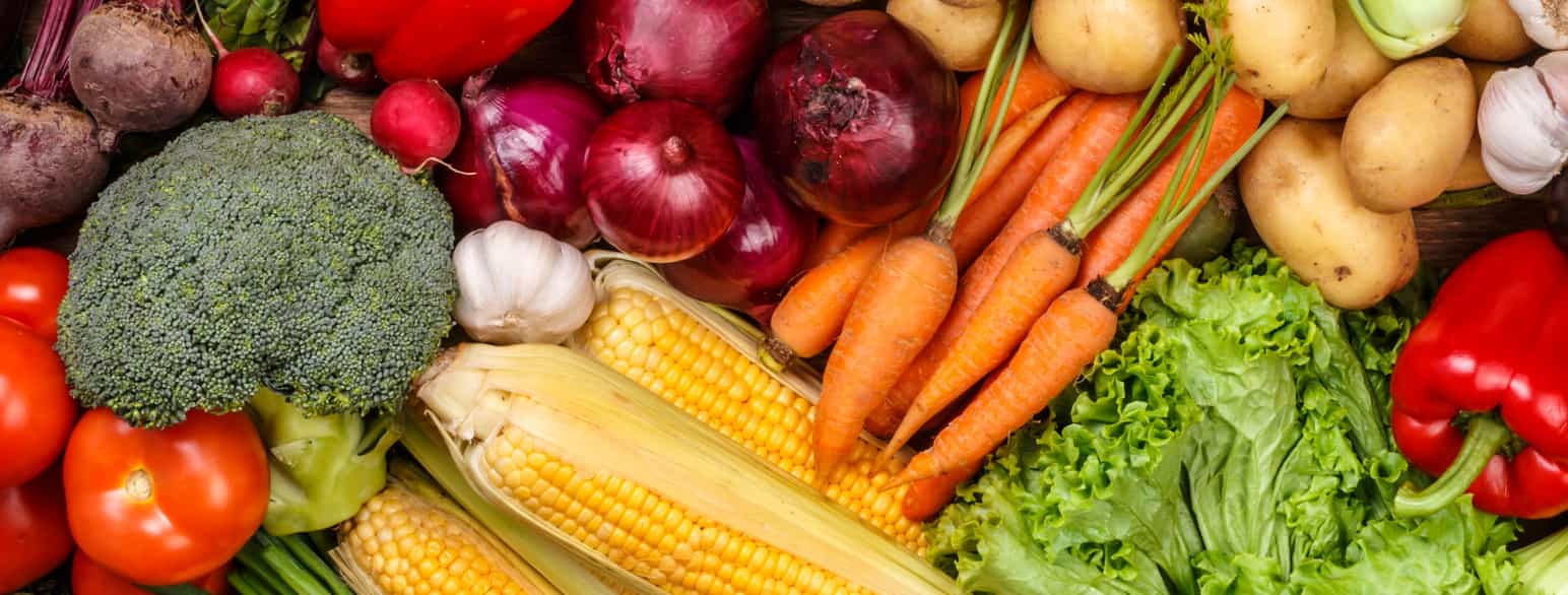 Forskjellige grønnsaker fyller bildet: Brokkoli, mais, paprika, tomat, salat, reddik, rødløk, hvitløk, potet og gulrot. Foto