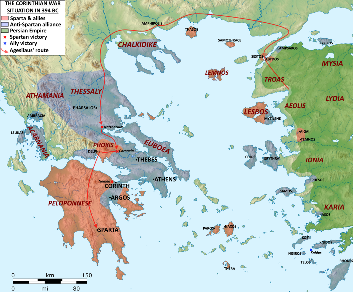 Hellas ca. 395 fvt. og Agesilaos' marsj hjem til Sparta