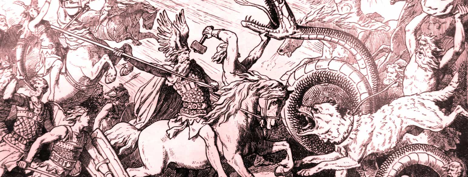 Teikninga syner ulike mytiske figurar frå ragnarok. Tor med hamaren, Midgardsormen og forskjellige gudar og gudinner som slåst.