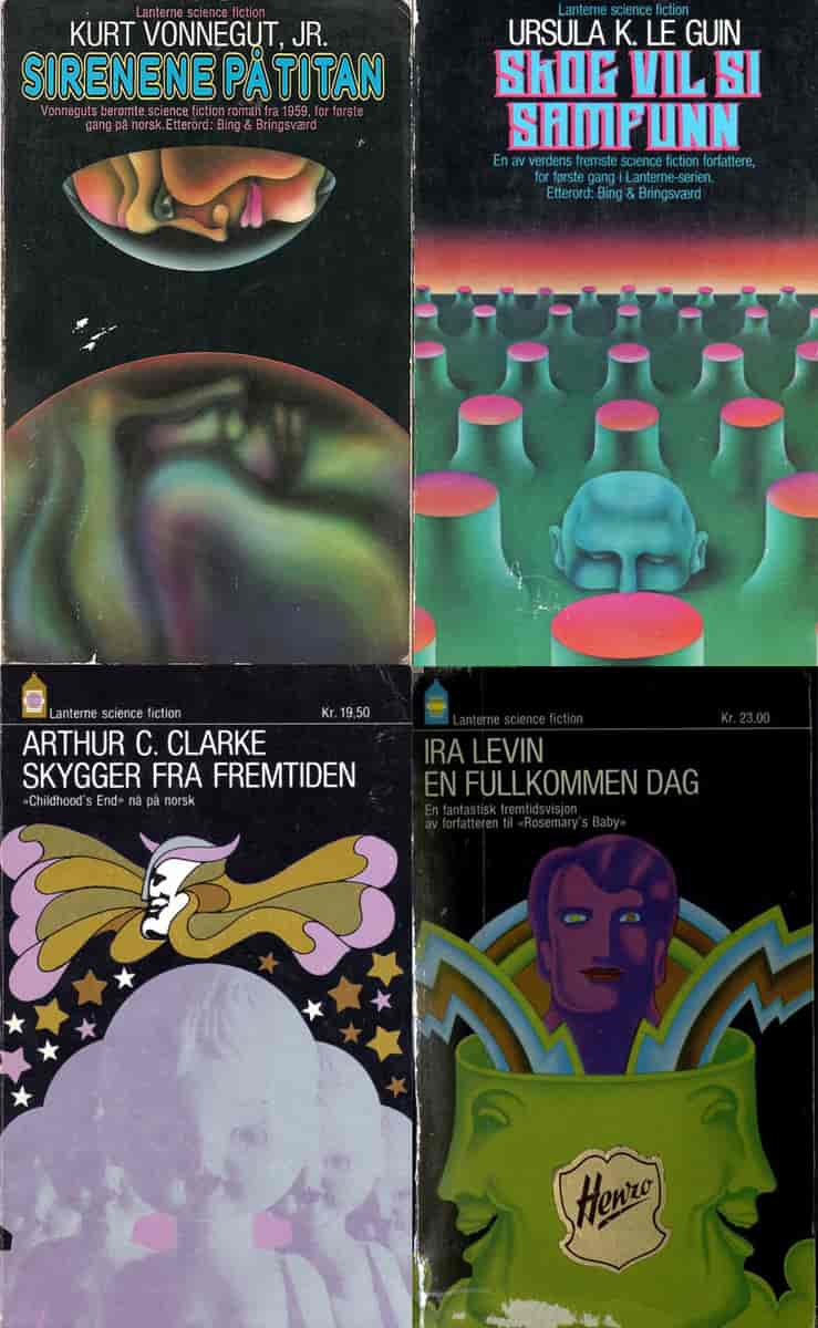 Fire bokomslag av science fiction-bøker.