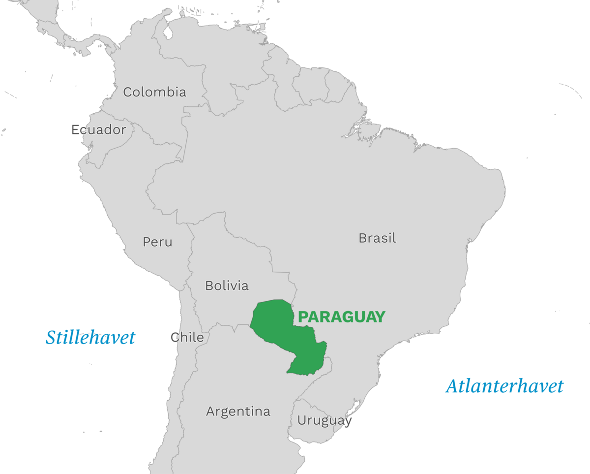Plassering av Paraguay med naboland rundt, kart.