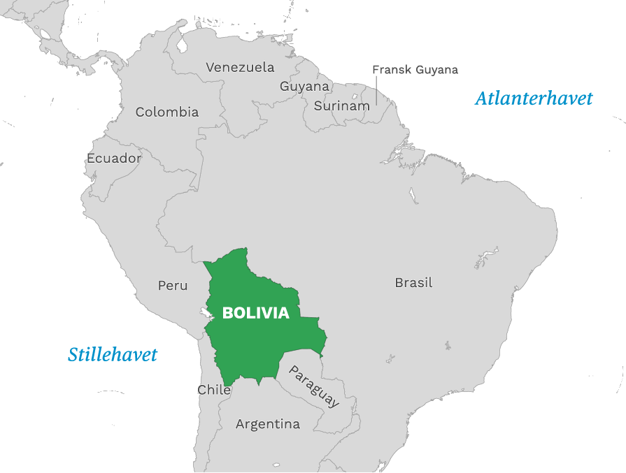 Plassering av Bolivia med naboland rundt, kart.