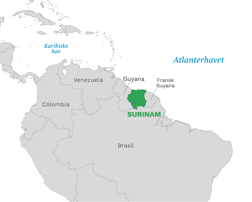 Plassering av Surinam med naboland rundt, kart.