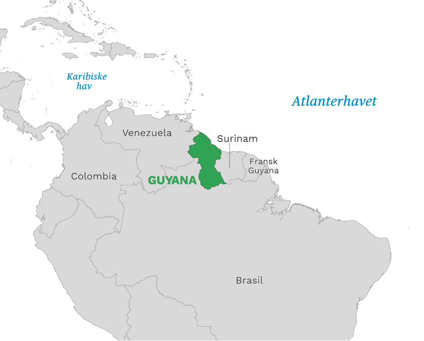 Plassering av Guyana med naboland rundt, kart.