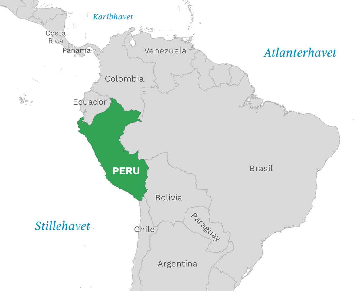 Plassering av Peru med naboland rundt, kart.