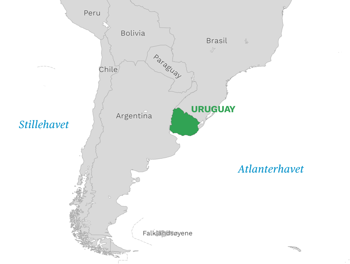 Plassering av Uruguay med naboland rundt, kart.