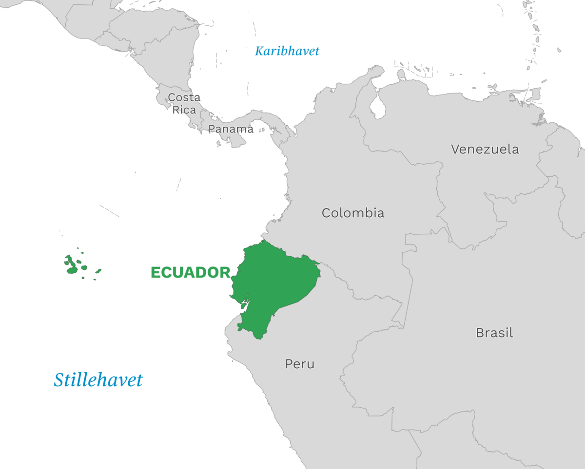 Plassering av Ecuador med naboland rundt, kart.