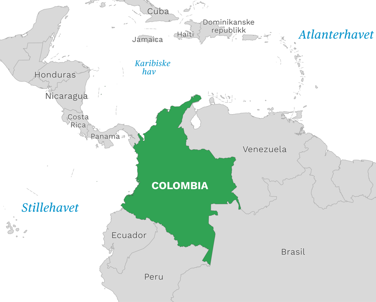 Plassering av Colombia med naboland rundt, kart.