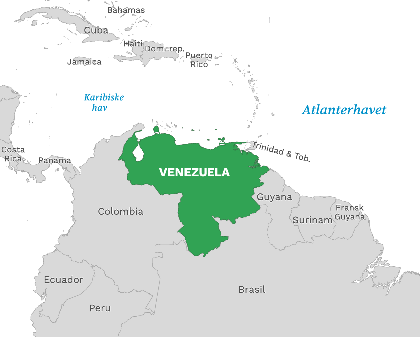 Plassering av Venezuela med naboland rundt, kart.