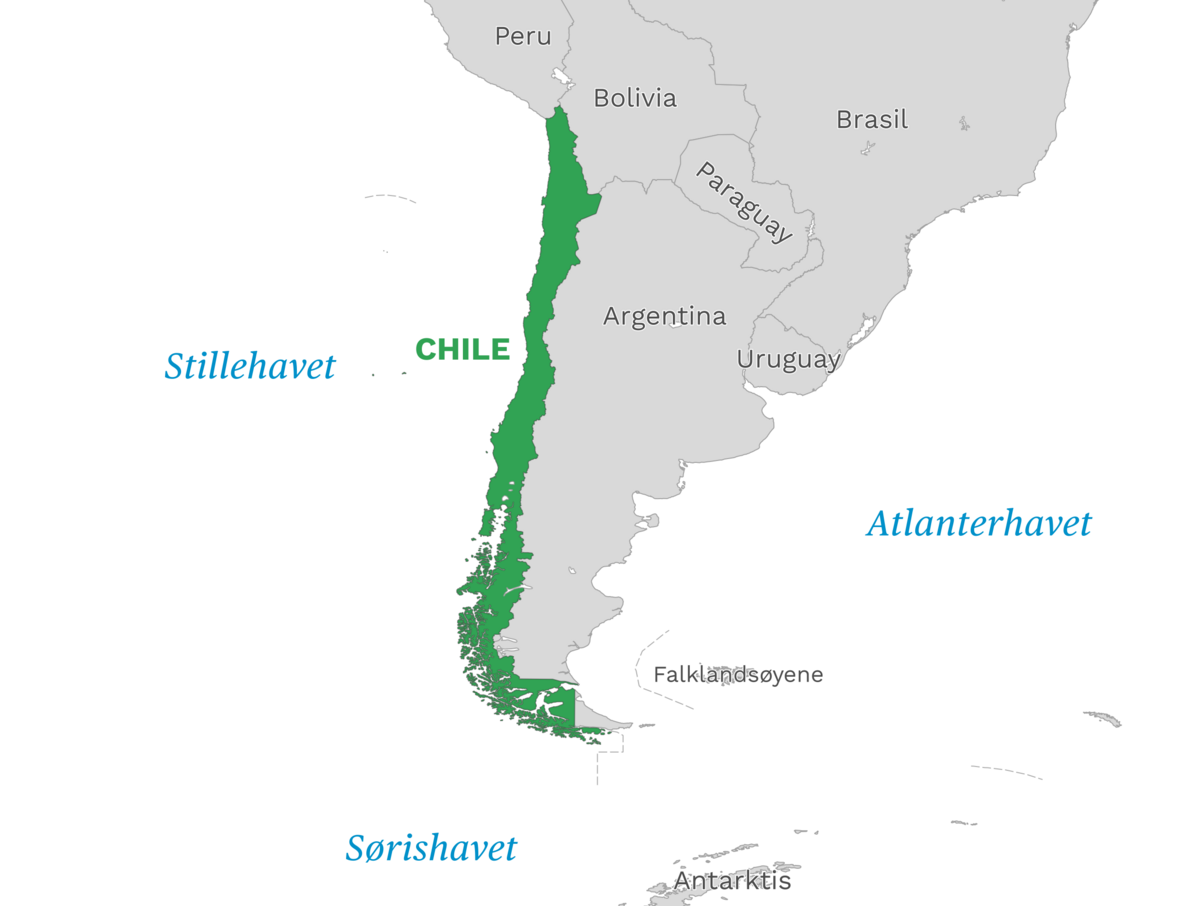 Plassering av Chile med naboland rundt, kart.