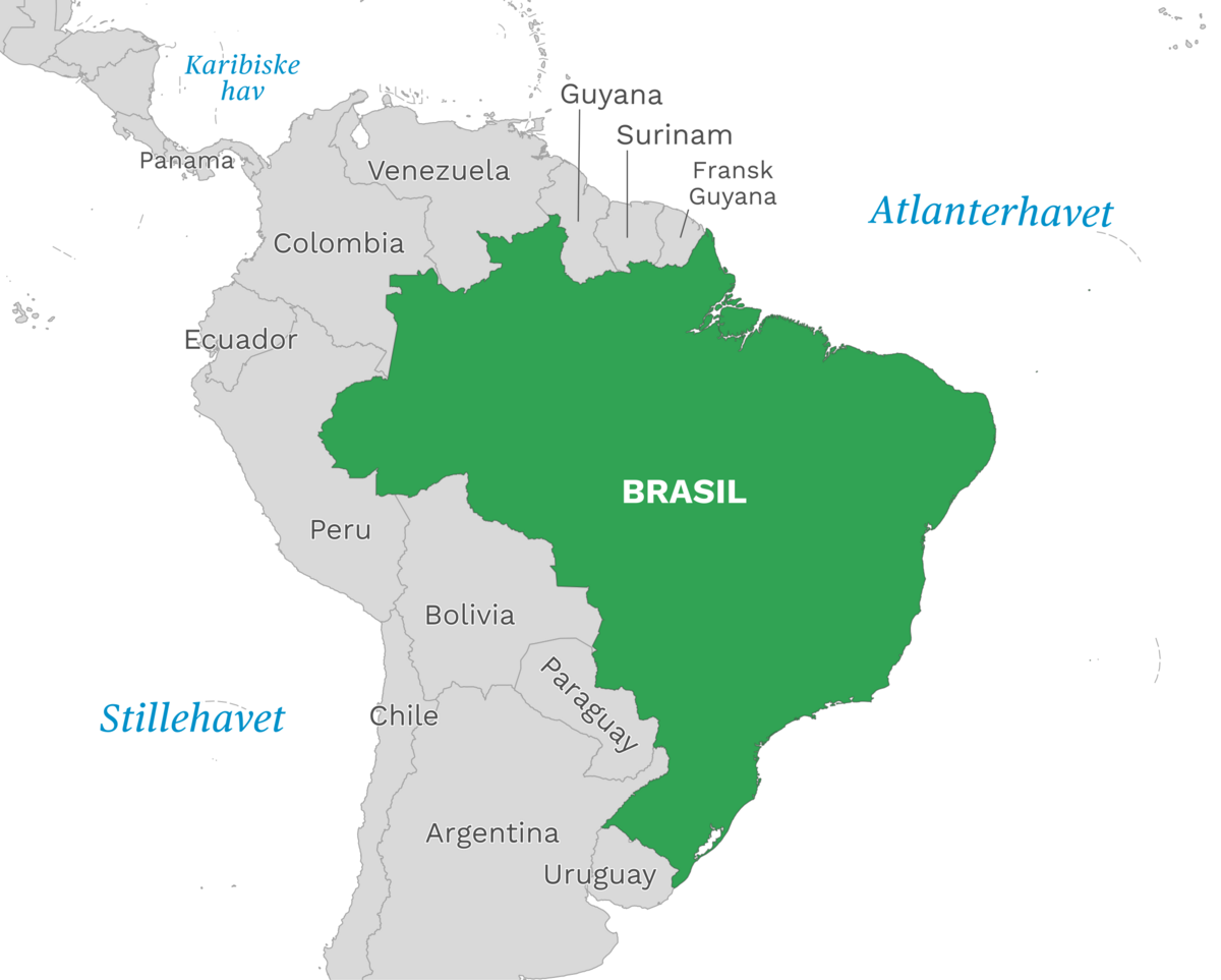 Plassering av Brasil med naboland rundt, kart.