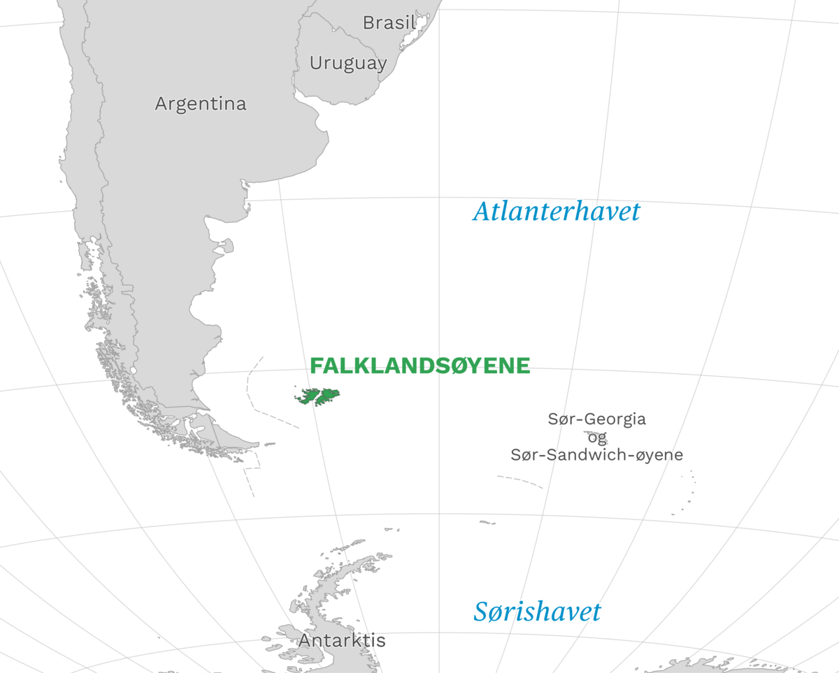 Plassering av Falklandsøyene med naboland rundt, kart