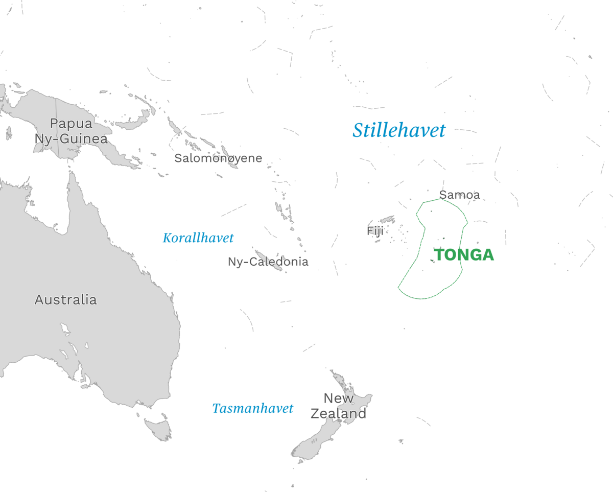 Plassering av Tonga med naboland rundt, kart