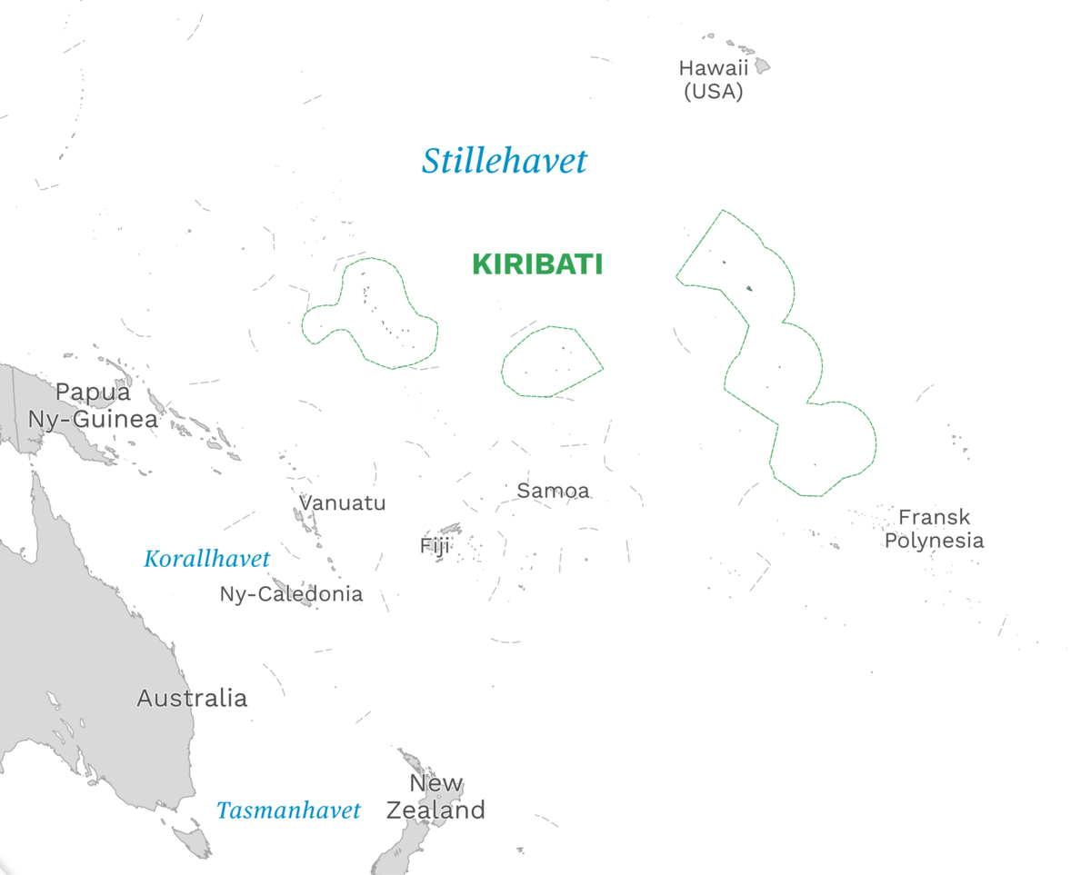 Plassering av Kiribati med naboland rundt, kart.