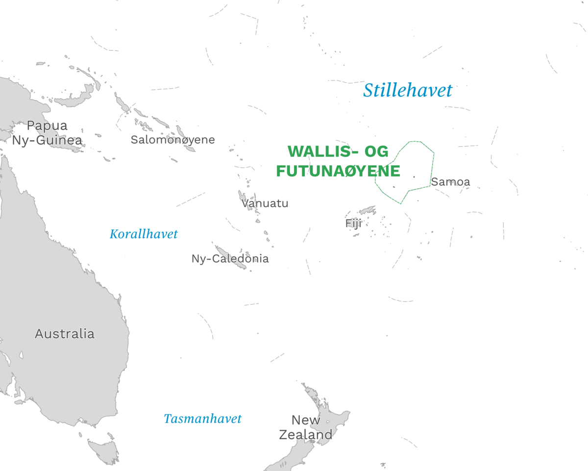 Plassering av Wallis- og Futunaøyene med naboland rundt, kart