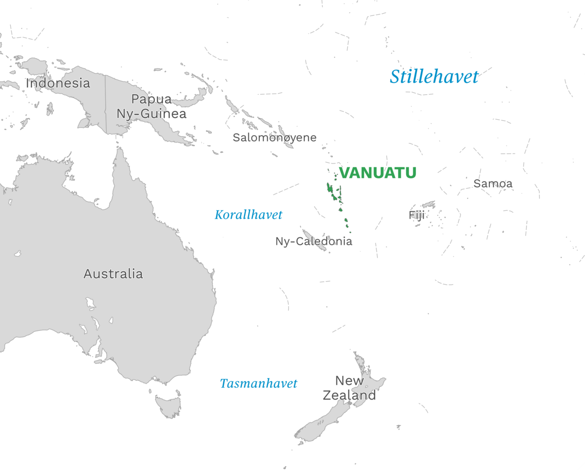 Plassering av Vanuatu med naboland rundt, kart.