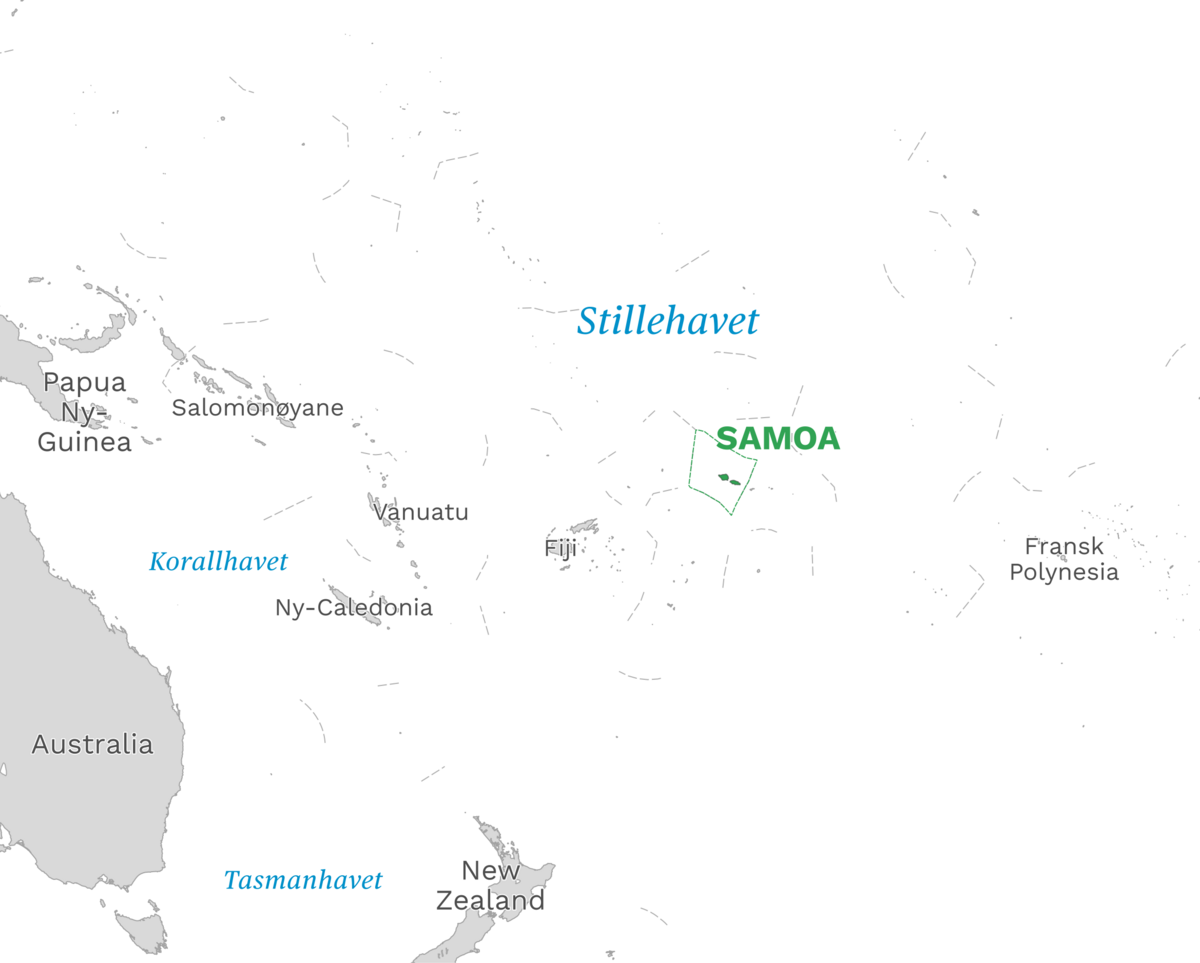 Plassering av Samoa med naboland rundt, kart.