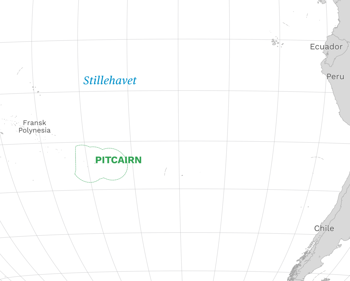 Plassering av Pitcairn med naboland rundt, kart