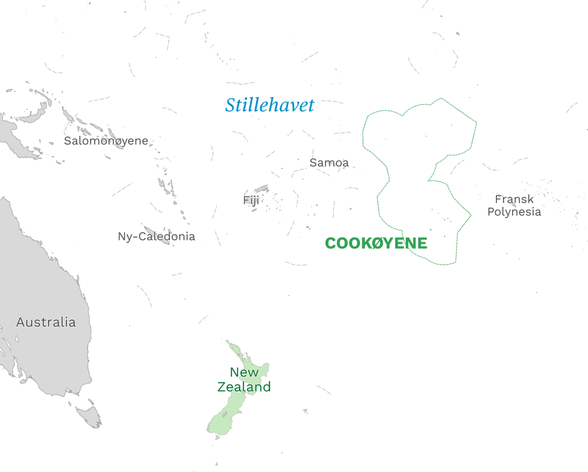Plassering av Cookøyene med naboland rundt, kart