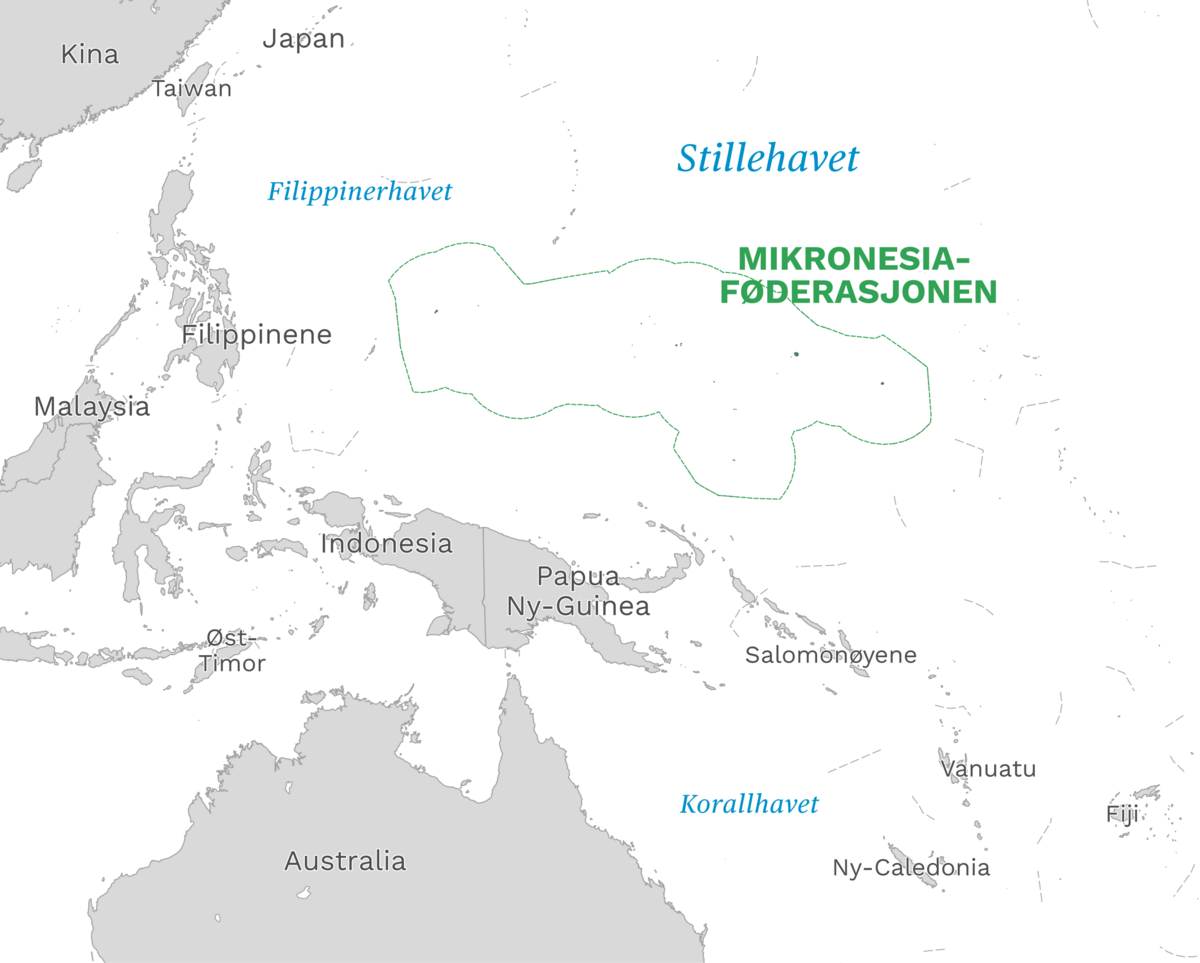 Plassering av Mikronesiaføderasjonen med naboland rundt, kart.