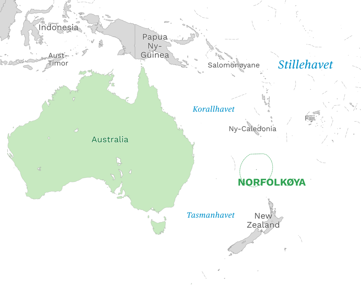 Plassering av Norfolkøya med naboland rundt, kart