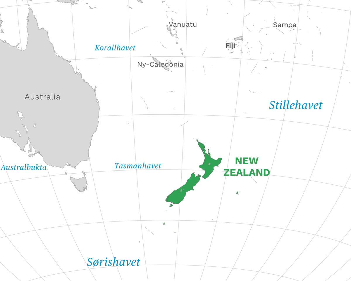 Plassering av New Zealand med naboland rundt, kart.