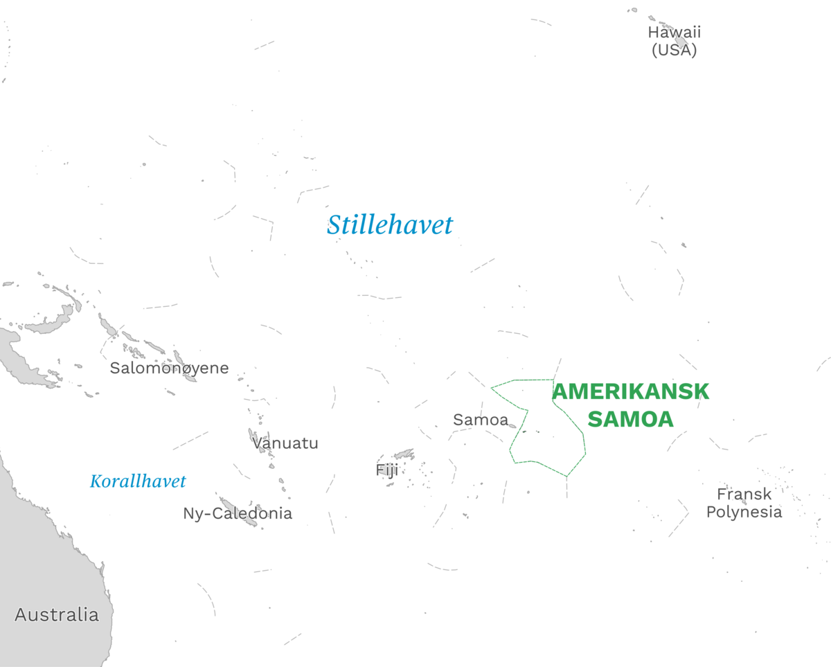 Plassering av Amerikansk Samoa med naboland rundt, kart